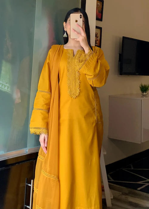 3pcs Mustard Ayesha Lawn Lase Work - Ayesha B