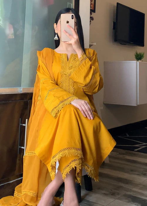 3pcs Mustard Ayesha Lawn Lase Work - Ayesha B