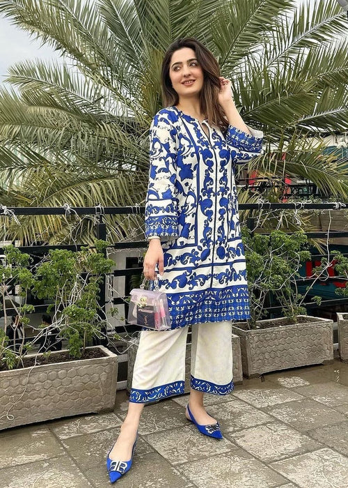 2pcs White&Blue Printed Silk - Ayesha B